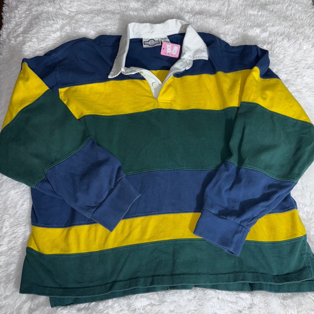 Gulf Traders Mens XXL‎ Rugby Shirt Long Sleeve Striped Blue Yellow Green Vintage